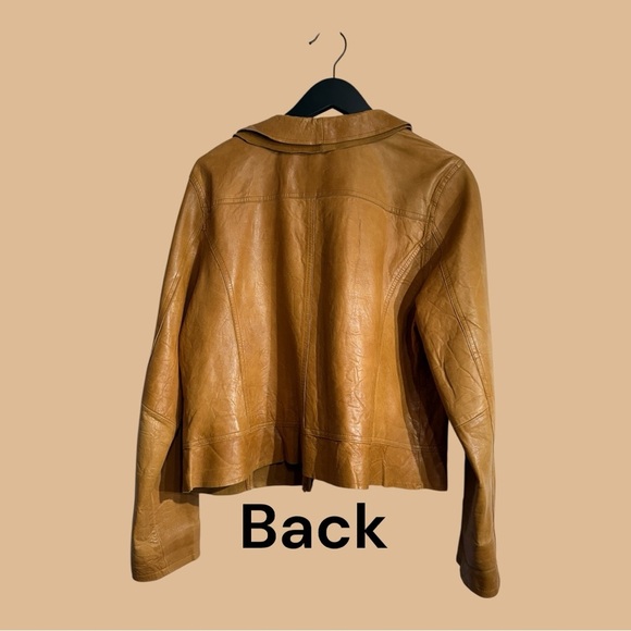 Old Navy Vintage Genuine Tan Leather Cropped Jacket Ruffle Collar Tie Front XL - Picture 3 of 10